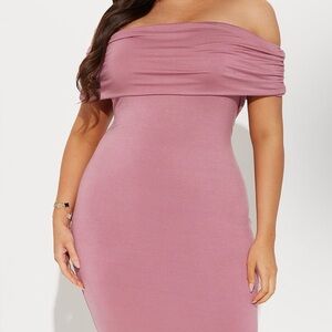 Fashion Nova Dusty Rose Off The Shoulder Floor Length Dress.